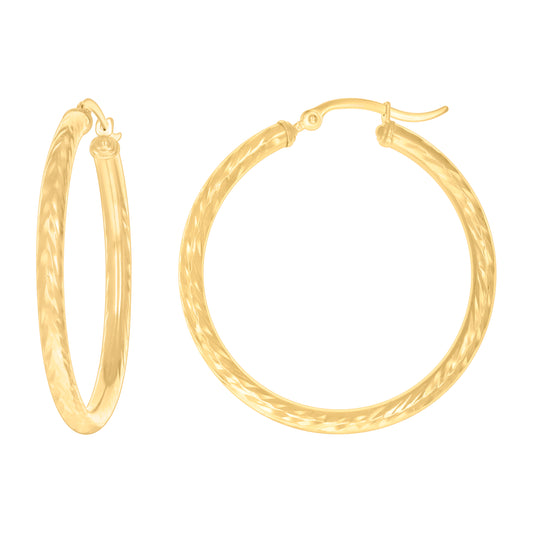 10k Yellow Gold Womens Round Tube Diamond-cut Patterned Fancy Hoop Earrings 3mm-38
