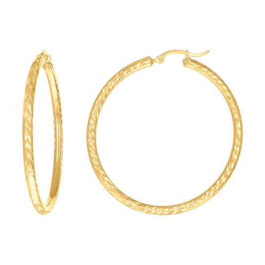 10k Yellow Gold Womens Round Tube Diamond-cut Patterned Fancy Hoop Earrings 3mm-50