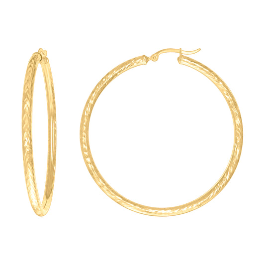 10k Yellow Gold Womens Round Tube Diamond-cut Patterned Fancy Hoop Earrings 3mm-57