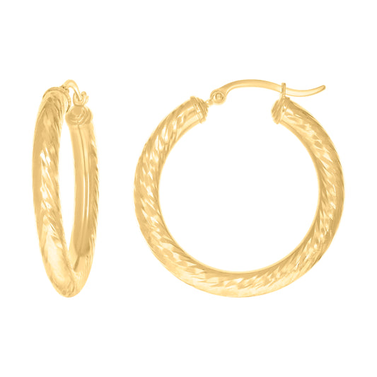 10k Yellow Gold Womens Round Tube Diamond-cut Patterned Fancy Hoop Earrings 4mm-31