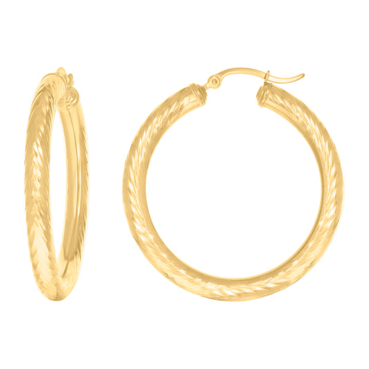 10k Yellow Gold Womens Round Tube Diamond-cut Patterned Fancy Hoop Earrings 4mm-38