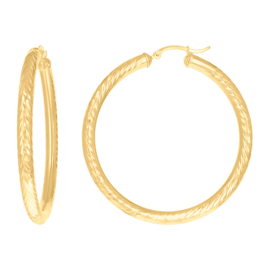 10k Yellow Gold Womens Round Tube Diamond-cut Patterned Fancy Hoop Earrings 4mm-50
