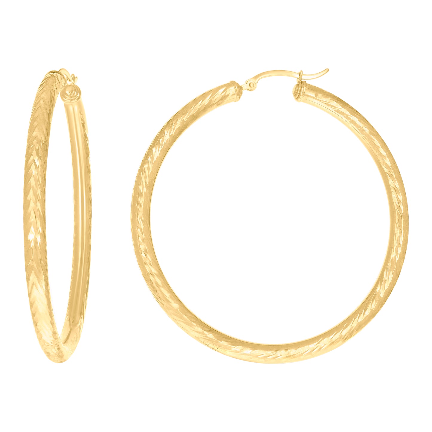 10k Yellow Gold Womens Round Tube Diamond-cut Patterned Fancy Hoop Earrings 4mm-57