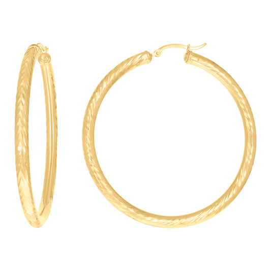10k Yellow Gold Womens Round Tube Diamond-cut Patterned Fancy Hoop Earrings 4mm-57