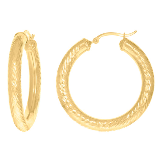10k Yellow Gold Womens Round Tube Diamond-cut Patterned Fancy Hoop Earrings 5mm-38