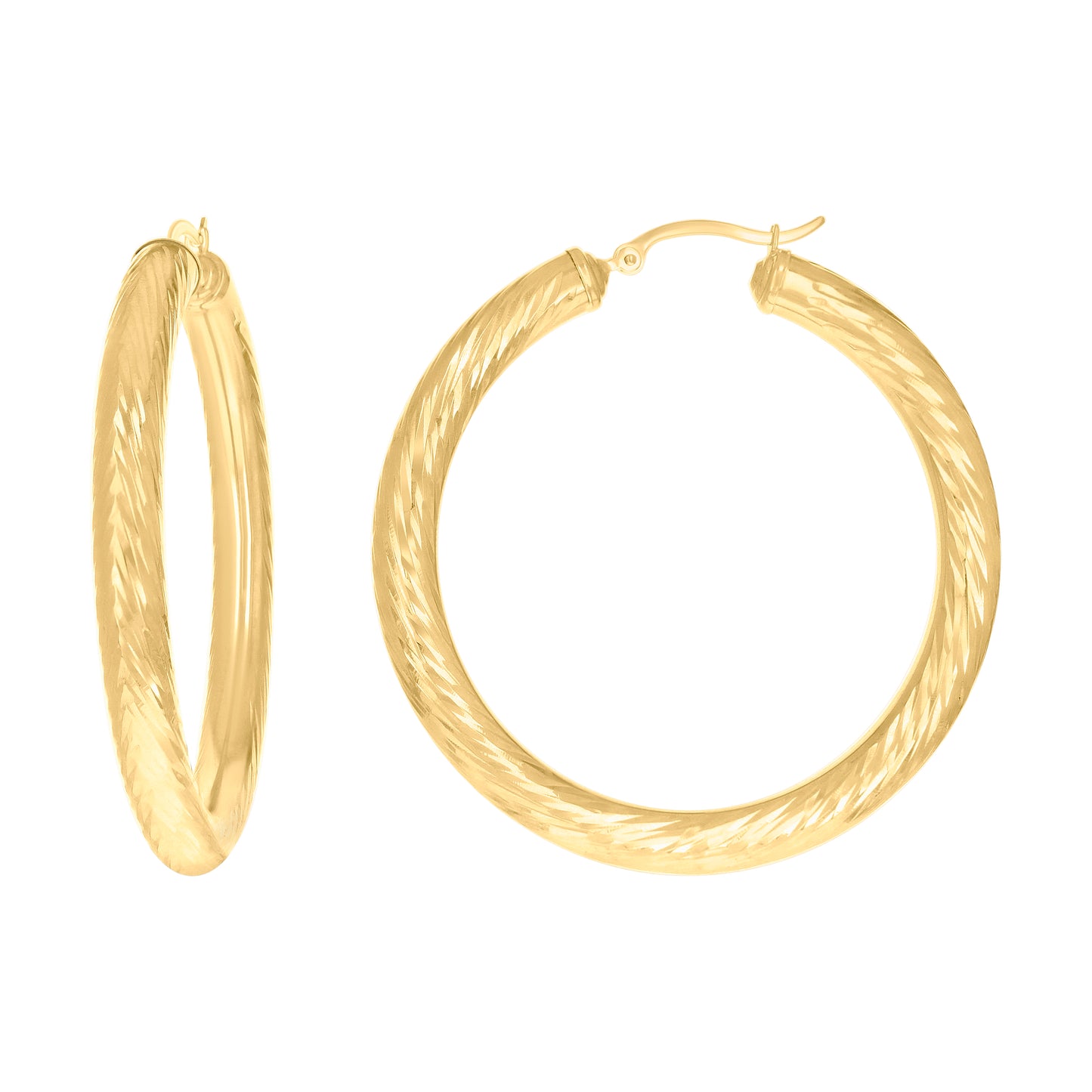 10k Yellow Gold Womens Round Tube Diamond-cut Patterned Fancy Hoop Earrings 5mm-50