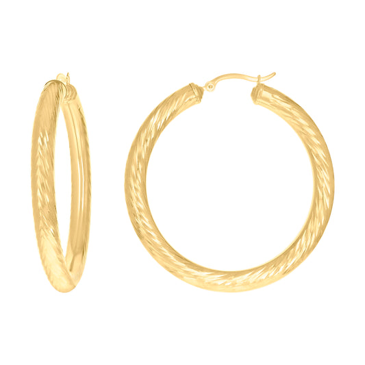 10k Yellow Gold Womens Round Tube Diamond-cut Patterned Fancy Hoop Earrings 5mm-50