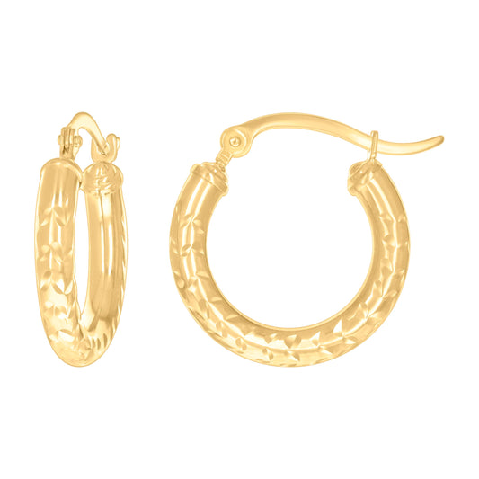 10k Yellow Gold Womens Diamond-cut Round Tube Patterned Hoop Earrings 3mm-19