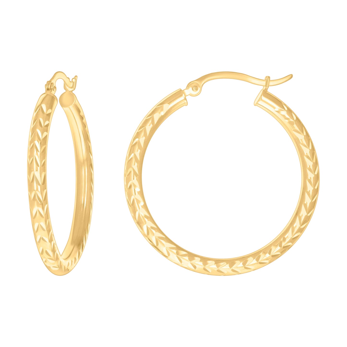 10k Yellow Gold Womens Diamond-cut Round Tube Patterned Hoop Earrings 3mm-31