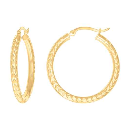 10k Yellow Gold Womens Diamond-cut Round Tube Patterned Hoop Earrings 3mm-31