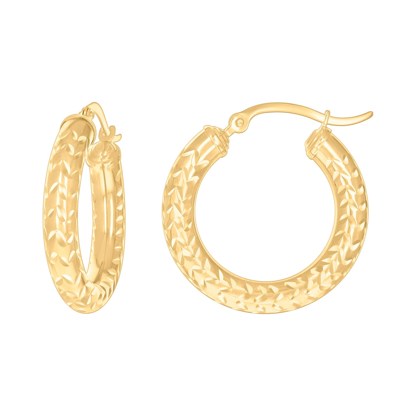 10k Yellow Gold Womens Diamond-cut Round Tube Patterned Hoop Earrings 4mm-19
