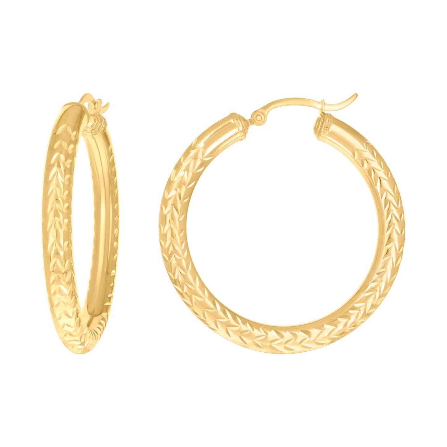 10k Yellow Gold Womens Diamond-cut Round Tube Patterned Hoop Earrings 4mm-38