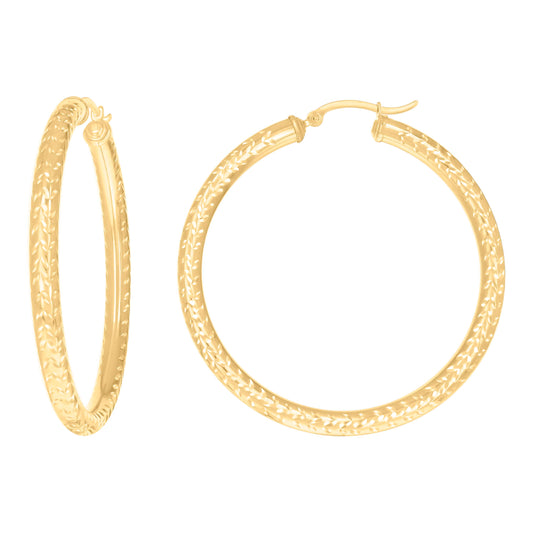 10k Yellow Gold Womens Diamond-cut Round Tube Patterned Hoop Earrings 4mm-50