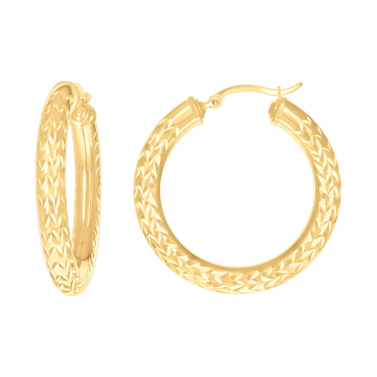 10k Yellow Gold Womens Diamond-cut Round Tube Patterned Hoop Earrings 5mm-38