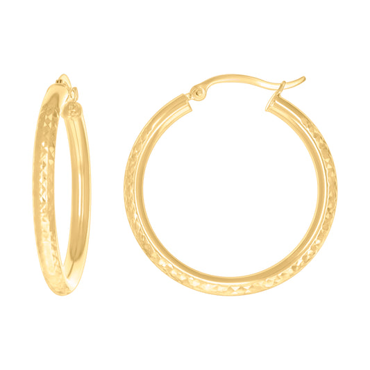 10k Yellow Gold Womens Round Tube Diamond-cut Patterned Fancy Hoop Earrings 3mm-32