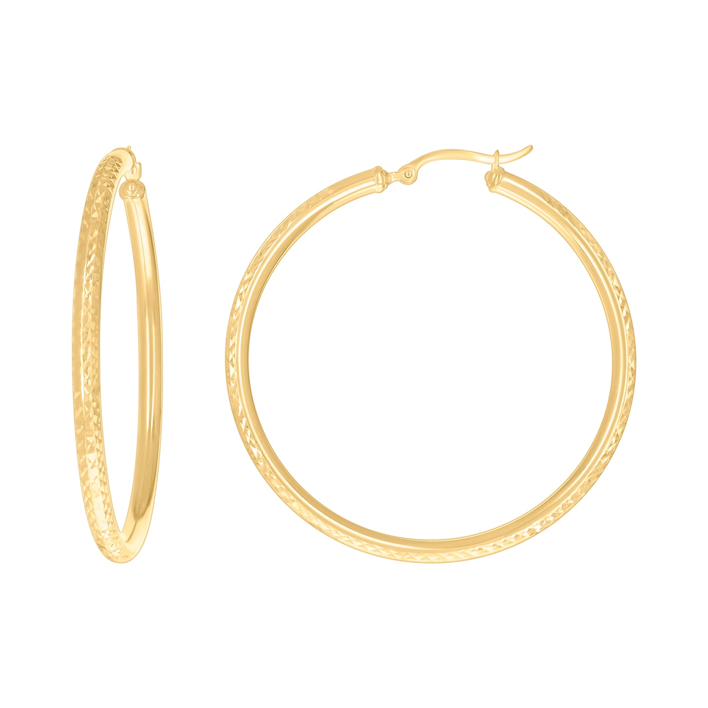 10k Yellow Gold Womens Round Tube Diamond-cut Patterned Fancy Hoop Earrings 3mm-50