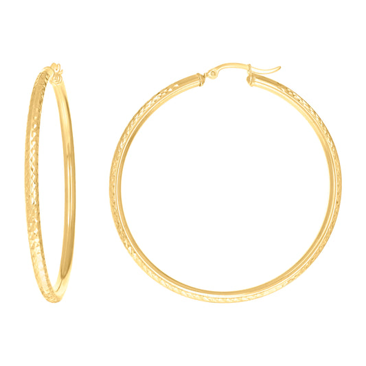 10k Yellow Gold Womens Round Tube Diamond-cut Patterned Fancy Hoop Earrings 3mm-57