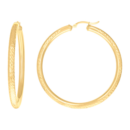 10k Yellow Gold Womens Round Tube Diamond-cut Patterned Fancy Hoop Earrings 4mm-57