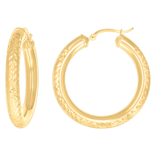 10k Yellow Gold Womens Round Tube Diamond-cut Patterned Fancy Hoop Earrings 5mm-38