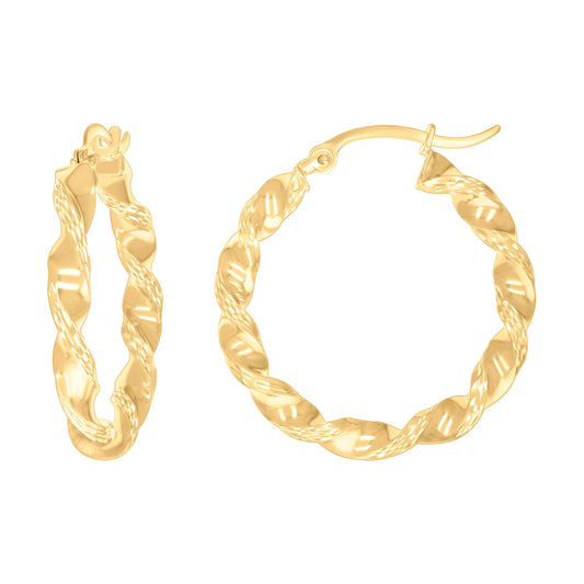 10k Yellow Gold Womens Diamond-cut Twisted Hoop Earrings 3mm-19