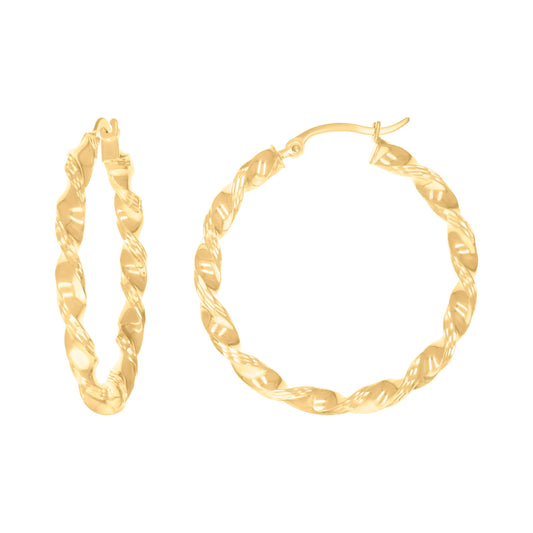 10k Yellow Gold Womens Diamond-cut Twisted Hoop Earrings 3mm-31
