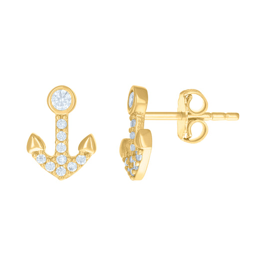 10k Yellow Gold Womens Cubic Zirconia Anchor Ocean Stud Earrings