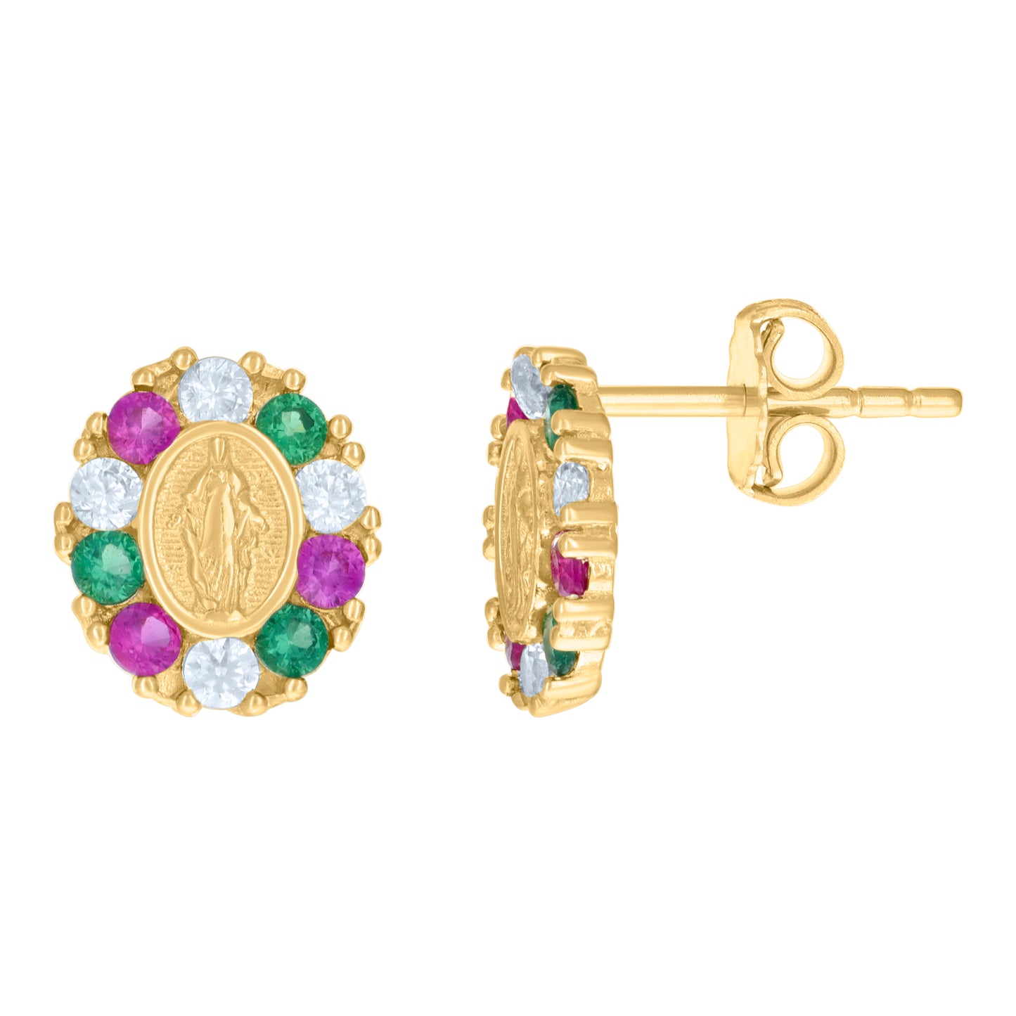 10k Yellow Gold Womens Green/Pink White Cubic Zirconia Oval Guadalupe Religious Stud Earrings