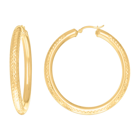 10k Yellow Gold Womens Round Tube Diamond-cut Patterned Fancy Hoop Earrings 5mm-57