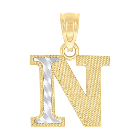 10k Two Tone Gold Unisex Diamond Cut Initial N Charm Pendant