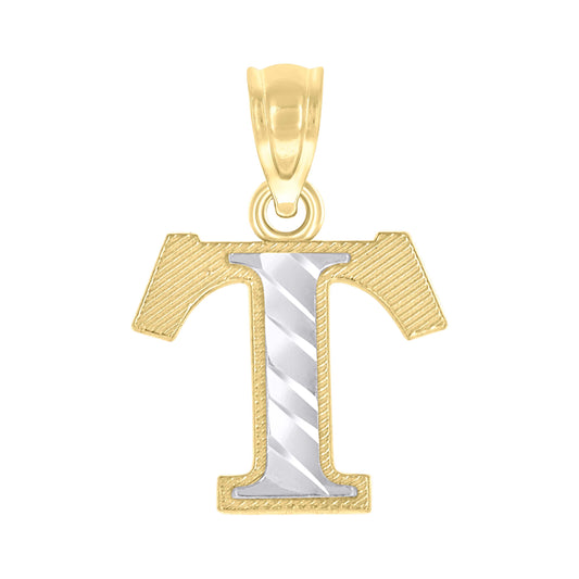 10k Two Tone Gold Unisex Diamond Cut Initial T Charm Pendant