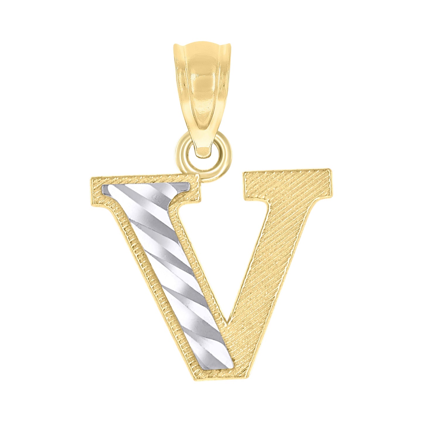 10k Two Tone Gold Unisex Diamond Cut Initial V Charm Pendant