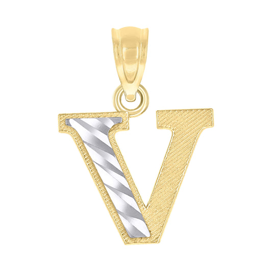 10k Two Tone Gold Unisex Diamond Cut Initial V Charm Pendant