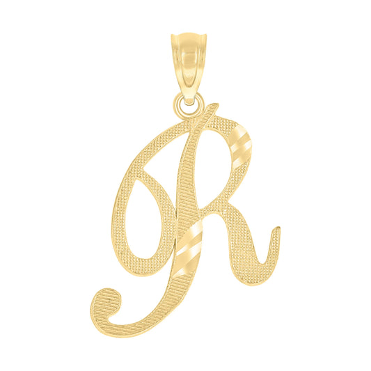 10k Yellow Gold Unisex Diamond Cut Initial R Charm Pendant