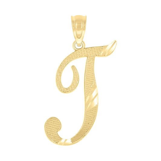 10k Yellow Gold Unisex Diamond Cut Initial T Charm Pendant