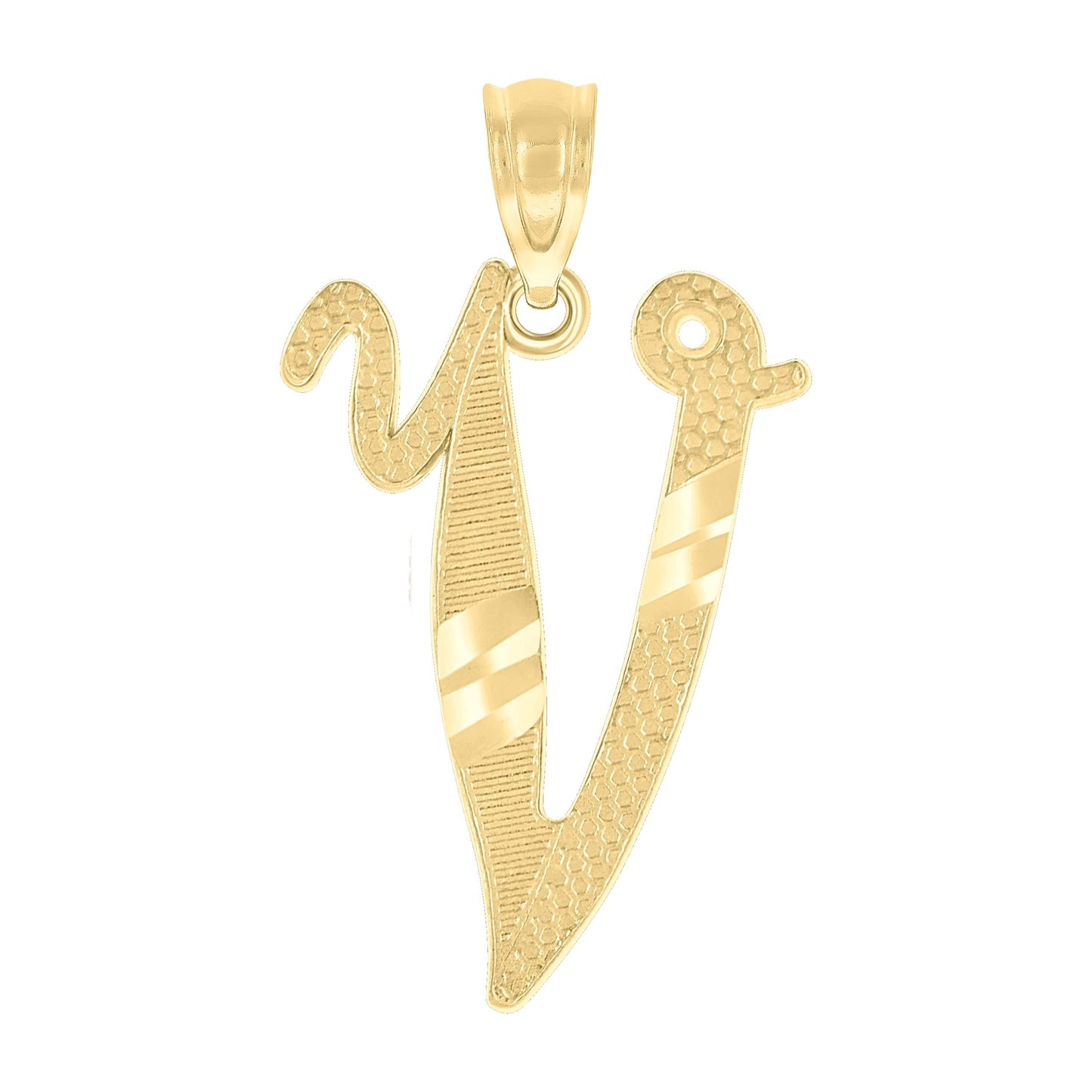 10k Yellow Gold Unisex Diamond Cut Initial V Charm Pendant