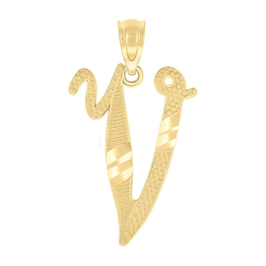 10k Yellow Gold Unisex Diamond Cut Initial V Charm Pendant