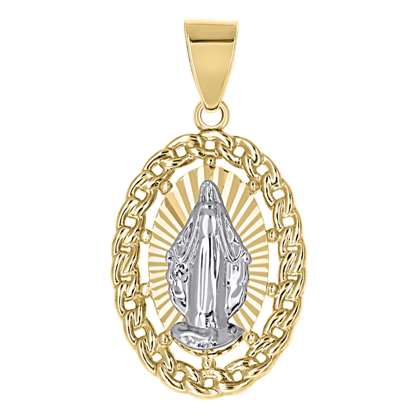 10kt Two-Tone Gold Unisex Cuban Border Guadalupe Religious Pendant