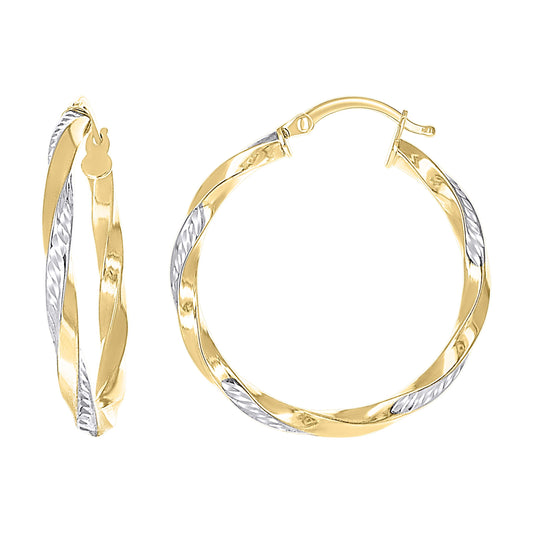 10k Two-Tone Gold Womens Flat Twisted Tube Hoop Earrings