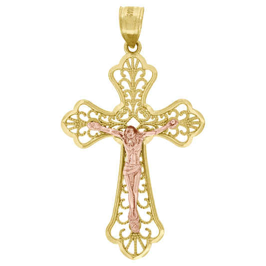 10kt Gold Two-Tone Diamond-Cut Unisex Cross Crucifix Religious Charm Pendant