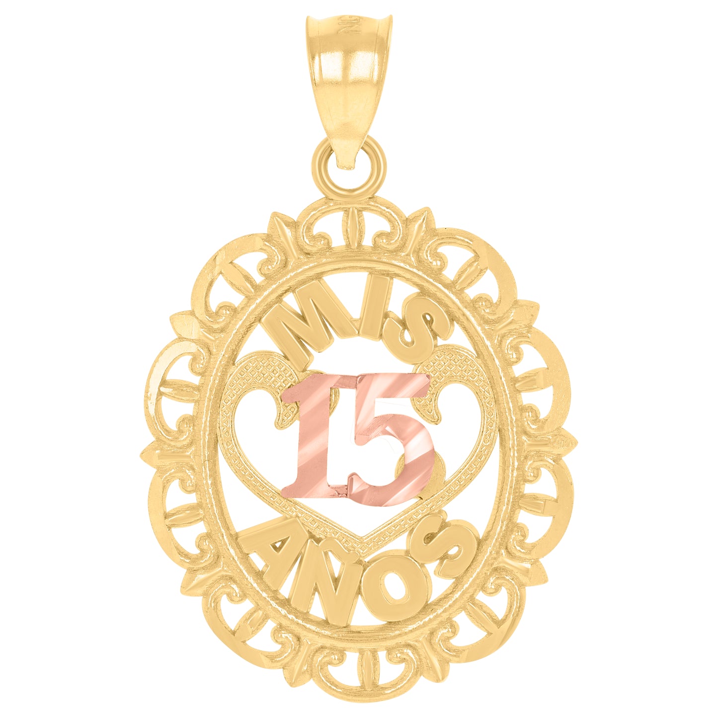 10k Gold Tri Color Diamond Cut Unisex Mis 15 Anos Heart Oval Quinceanera Charm Pendant