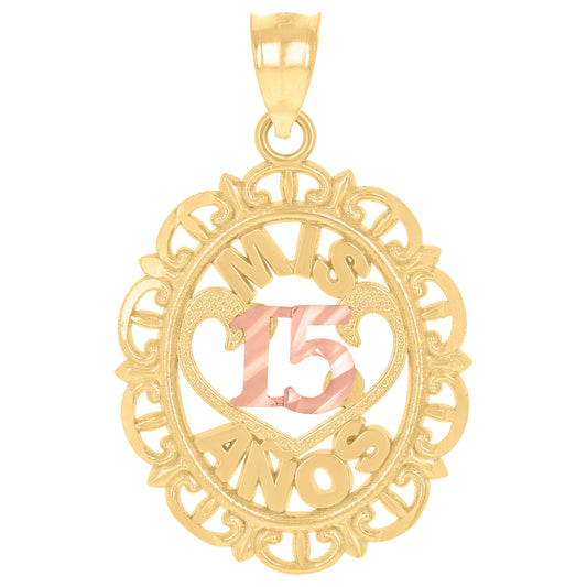 10k Gold Tri Color Diamond Cut Unisex Mis 15 Anos Heart Oval Quinceanera Charm Pendant