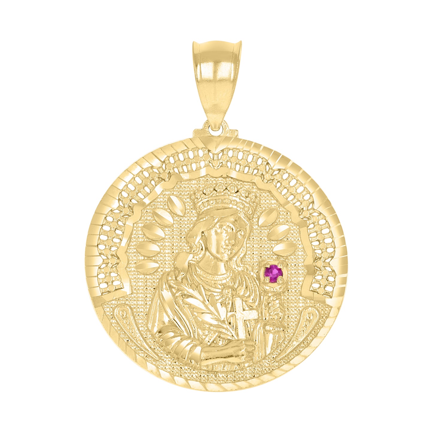 10k Yellow Gold Mens Purple Cubic Zirconia St. Barbara Religious Pendant