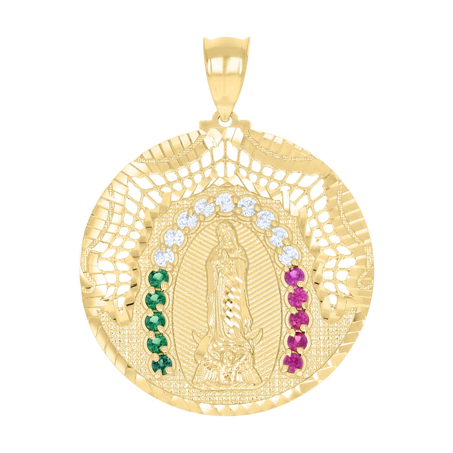 10k Yellow Gold Mens White Purple/Green Cubic Zirconia Guadalupe Religious Pendant
