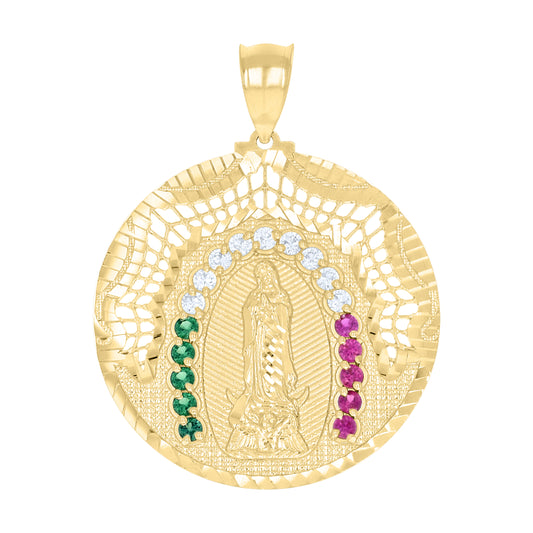 10k Yellow Gold Mens White Purple/Green Cubic Zirconia Guadalupe Religious Pendant