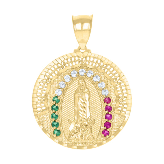 10k Yellow Gold Mens White Purple/Green Cubic Zirconia Guadalupe Religious Pendant