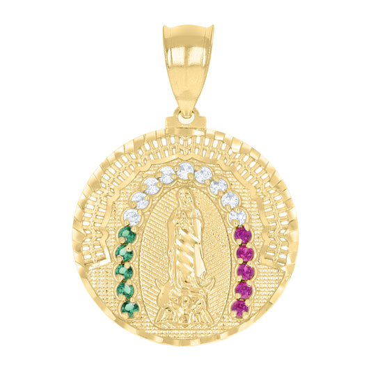 10k Yellow Gold Mens White Purple/Green Cubic Zirconia Guadalupe Religious Pendant
