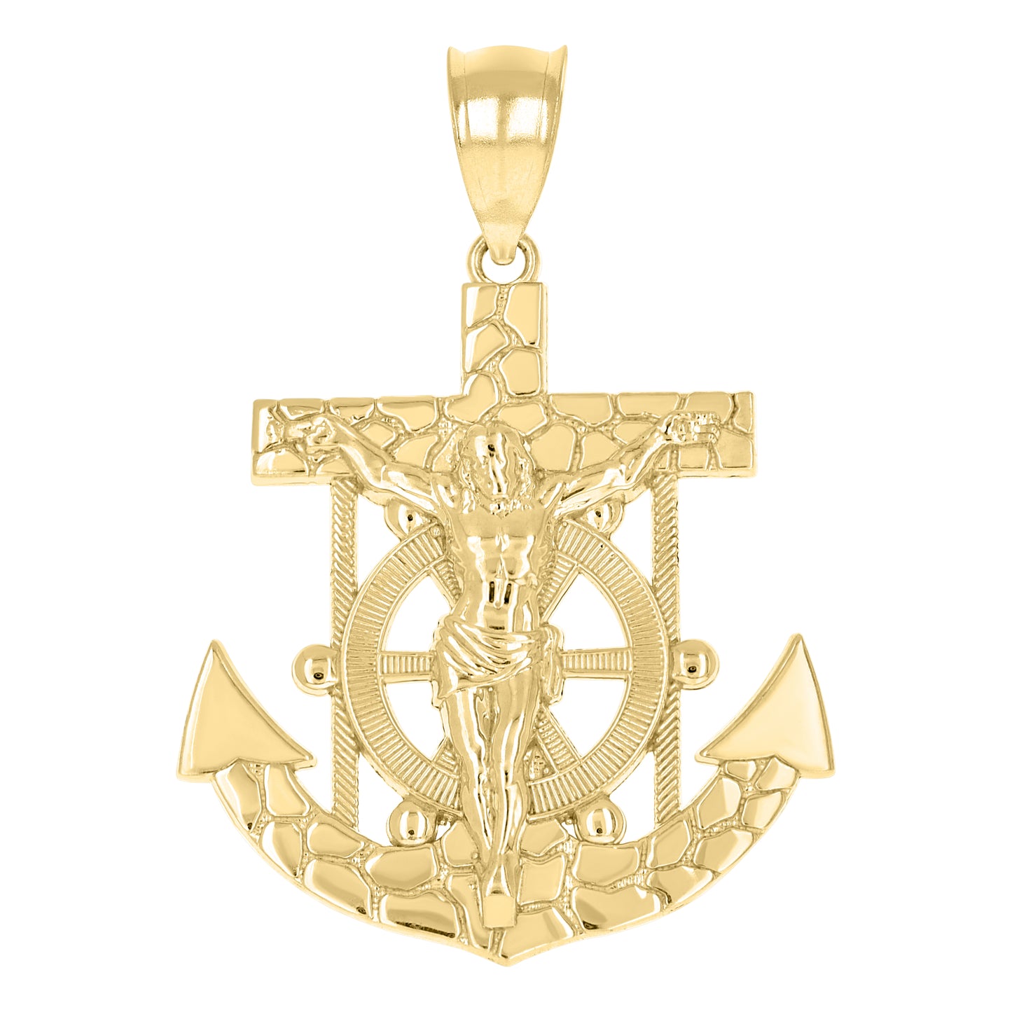 10k Yellow Gold Mens Nugget Anchor Crucifix Religious Charm Pendant