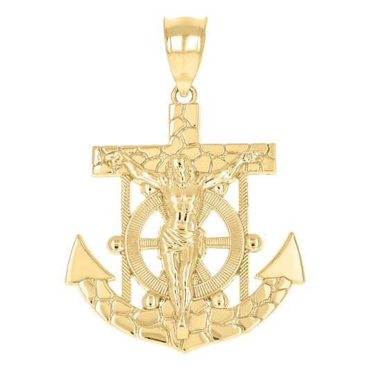 10k Yellow Gold Mens Nugget Anchor Crucifix Religious Charm Pendant