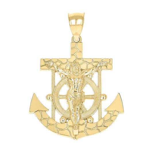 10k Yellow Gold Mens Nugget Anchor Crucifix Religious Charm Pendant
