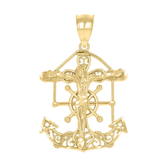 10k Yellow Gold Mens Anchor Crucifix Religious Charm Pendant